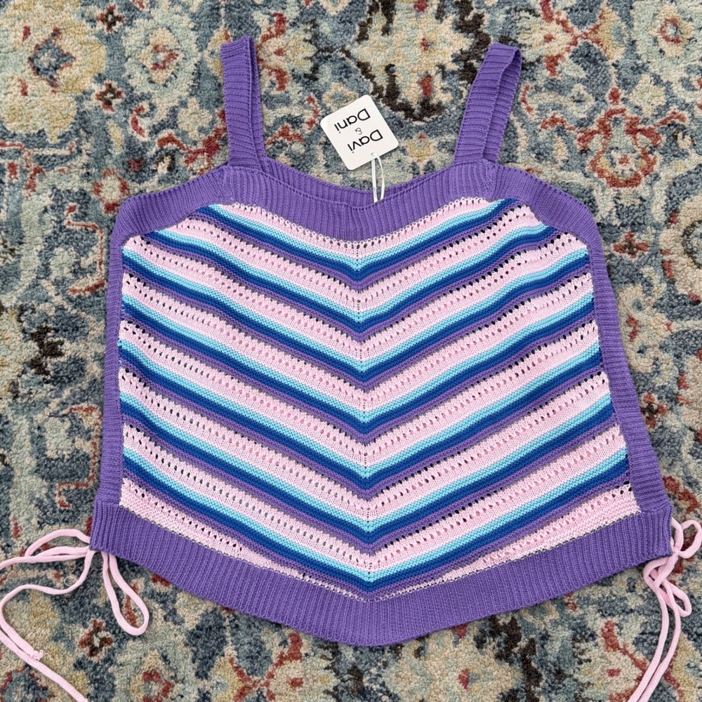 Davi & Dani Knit Tank Top Women XL Purple Chevron Lace Up Boho NWT